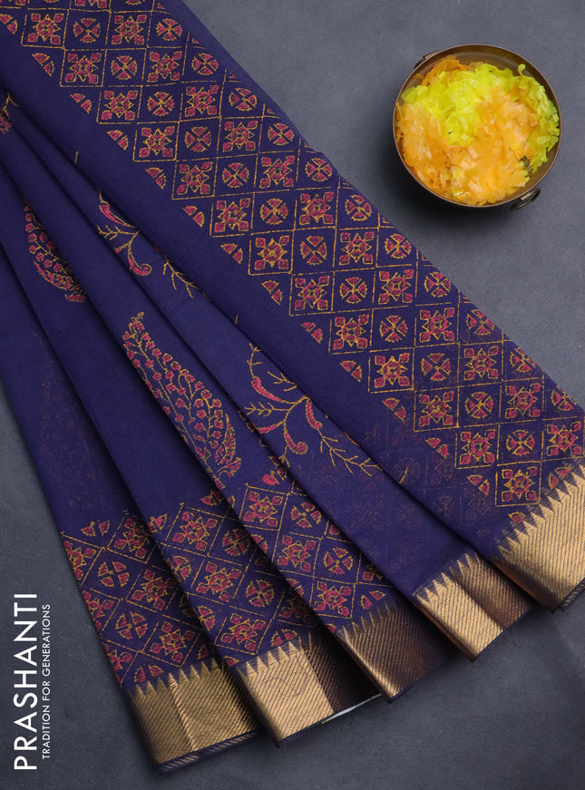 Mangalgiri cotton block printed saree dark blue with butta prints and zari woven border