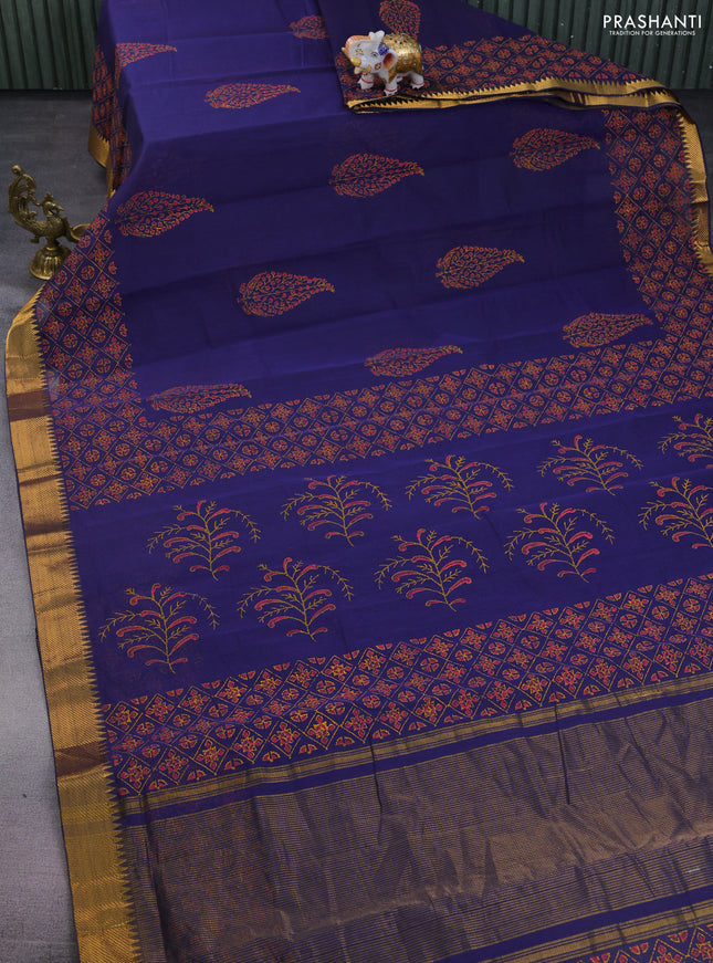 Mangalgiri cotton block printed saree dark blue with butta prints and zari woven border