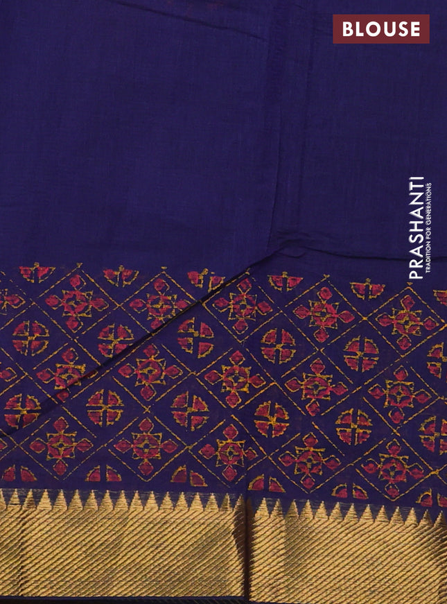 Mangalgiri cotton block printed saree dark blue with butta prints and zari woven border