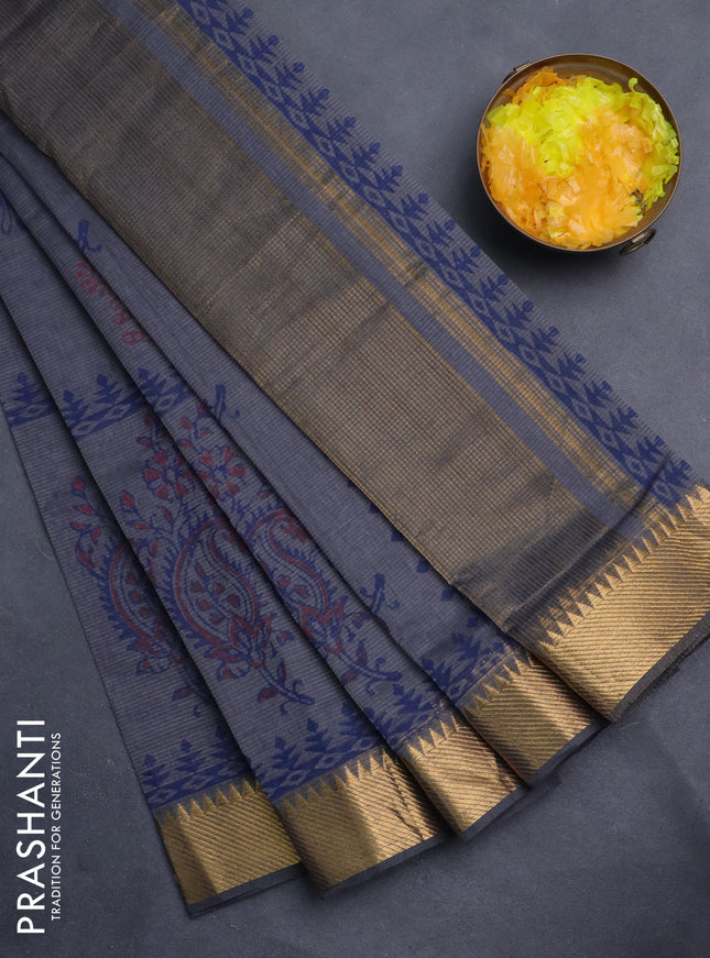 Mangalgiri cotton block printed saree grey with butta prints and zari woven border