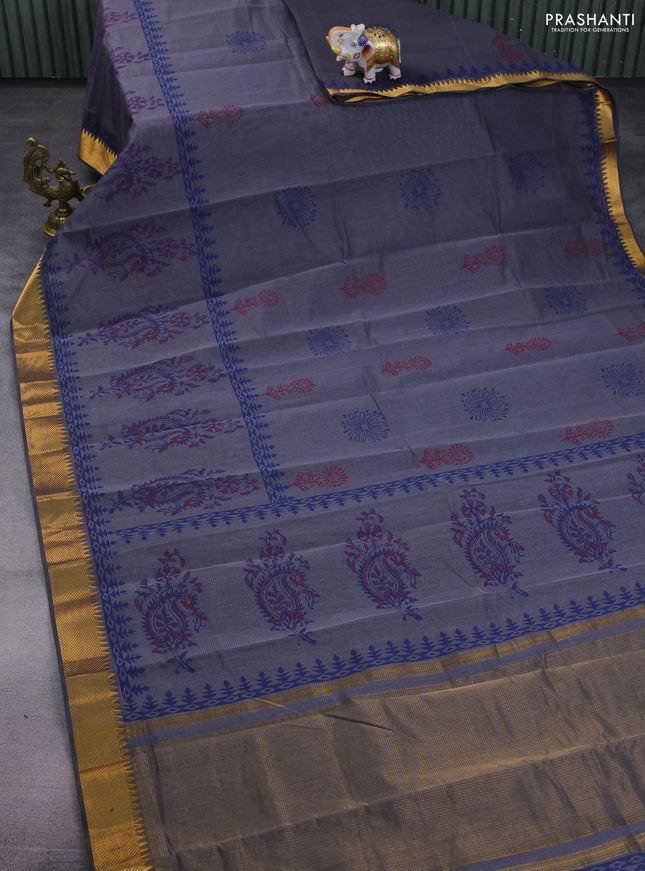 Mangalgiri cotton block printed saree grey with butta prints and zari woven border