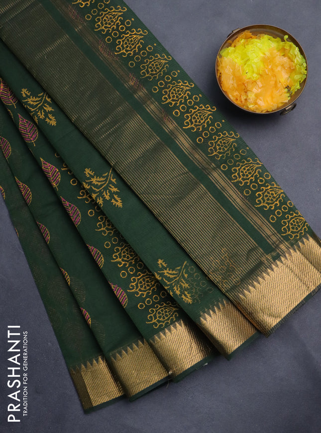 Mangalgiri cotton block printed saree sap green with allover butta prints and zari woven border