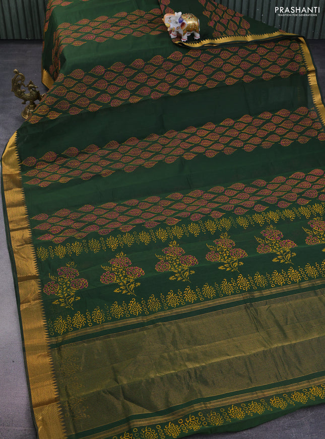 Mangalgiri cotton block printed saree sap green with allover butta prints and zari woven border
