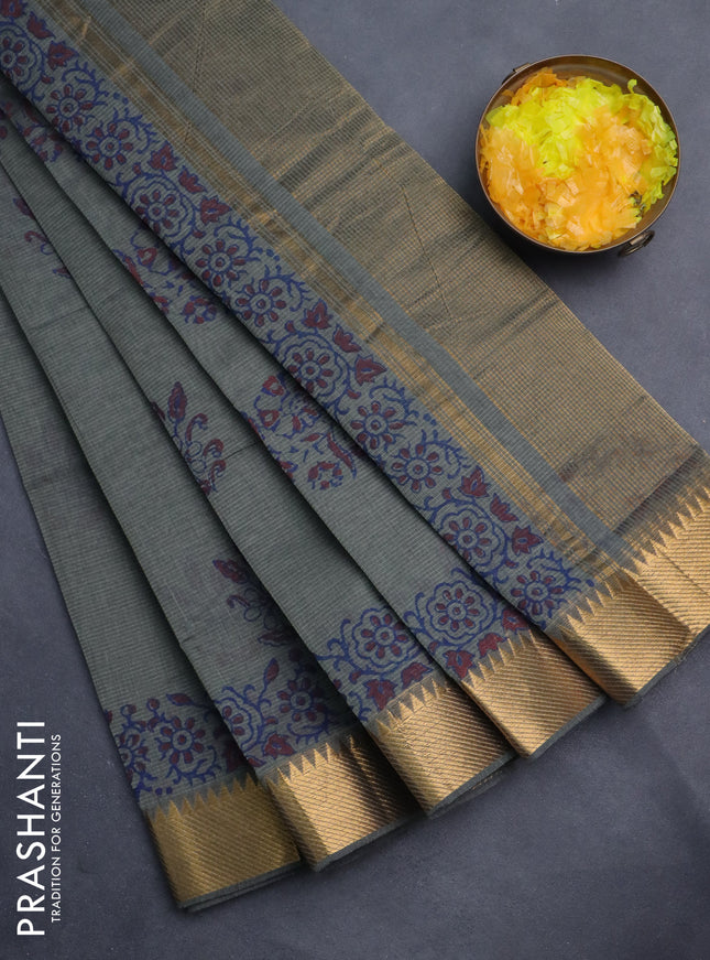 Mangalgiri cotton block printed saree grey with butta prints and zari woven border