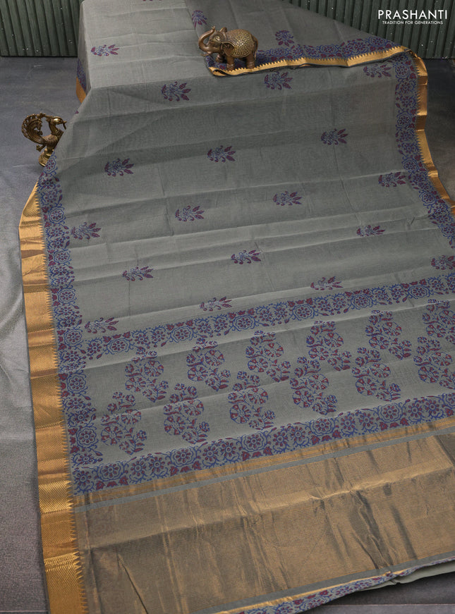 Mangalgiri cotton block printed saree grey with butta prints and zari woven border
