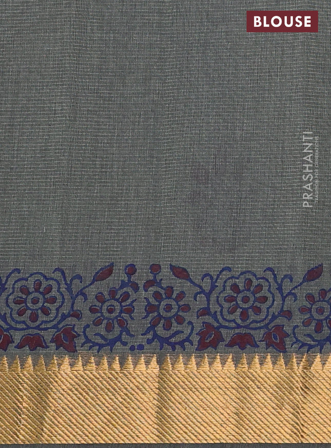 Mangalgiri cotton block printed saree grey with butta prints and zari woven border