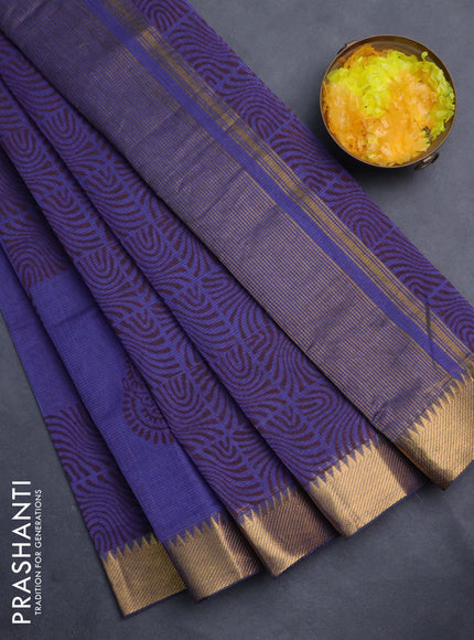Mangalgiri cotton block printed saree violet with allover butta prints and zari woven border