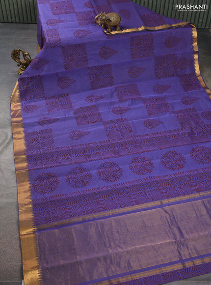 Mangalgiri cotton block printed saree violet with allover butta prints and zari woven border