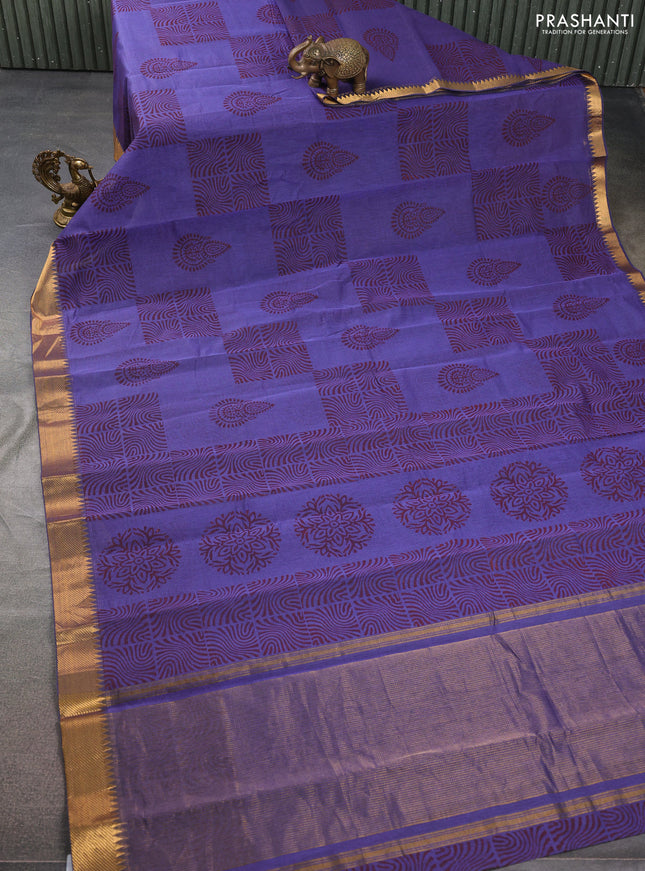 Mangalgiri cotton block printed saree violet with allover butta prints and zari woven border