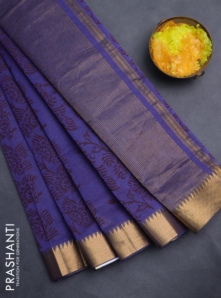 Mangalgiri cotton block printed saree violet with allover prints and zari woven border