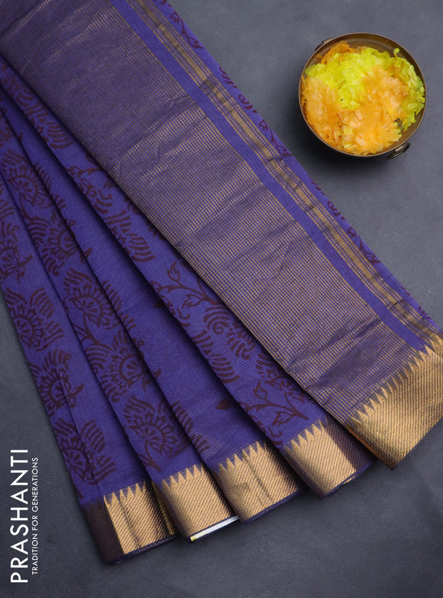 Mangalgiri cotton block printed saree violet with allover prints and zari woven border