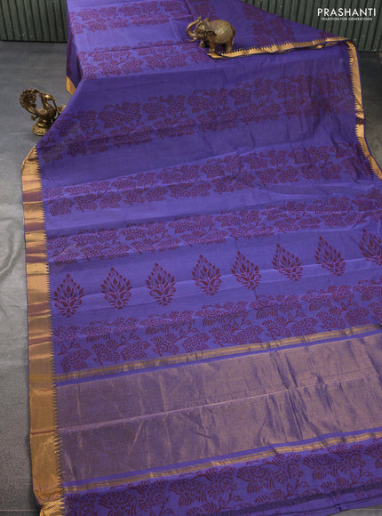 Mangalgiri cotton block printed saree violet with allover prints and zari woven border