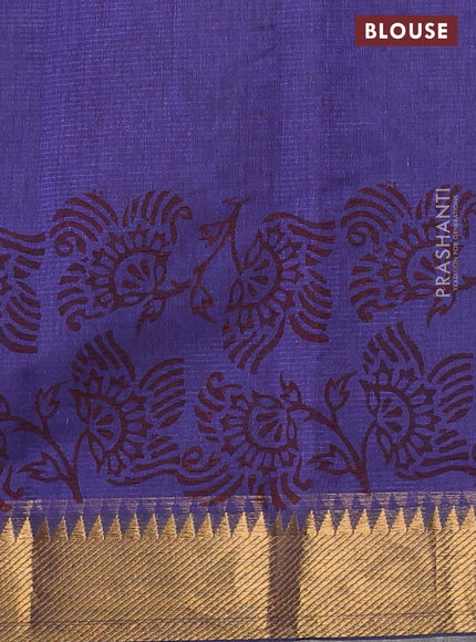 Mangalgiri cotton block printed saree violet with allover prints and zari woven border