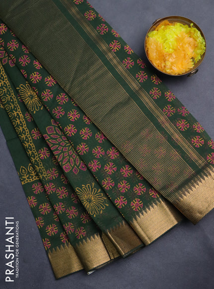 Mangalgiri cotton block printed saree sap green with butta prints and zari woven border