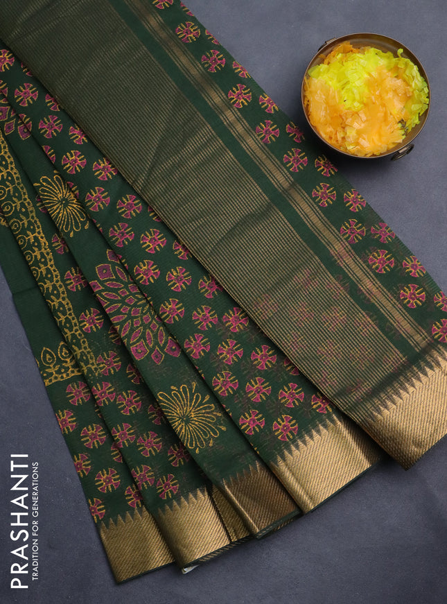 Mangalgiri cotton block printed saree sap green with butta prints and zari woven border