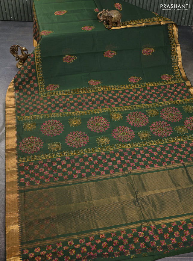 Mangalgiri cotton block printed saree sap green with butta prints and zari woven border