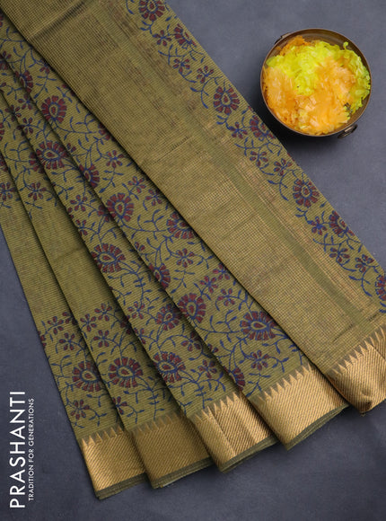 Mangalgiri cotton block printed saree mehendi green with allover butta prints and zari woven border