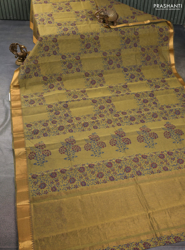Mangalgiri cotton block printed saree mehendi green with allover butta prints and zari woven border