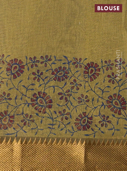 Mangalgiri cotton block printed saree mehendi green with allover butta prints and zari woven border