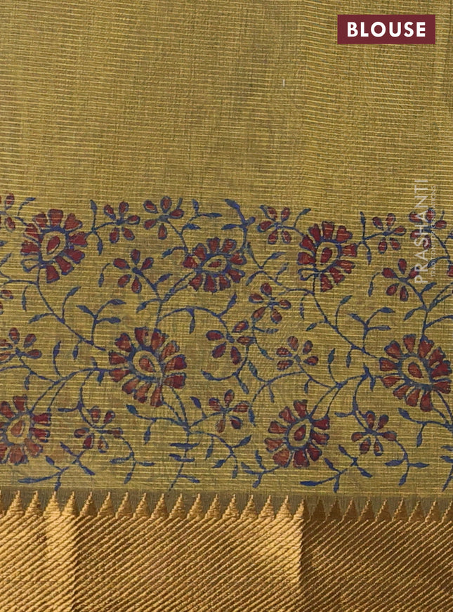 Mangalgiri cotton block printed saree mehendi green with allover butta prints and zari woven border