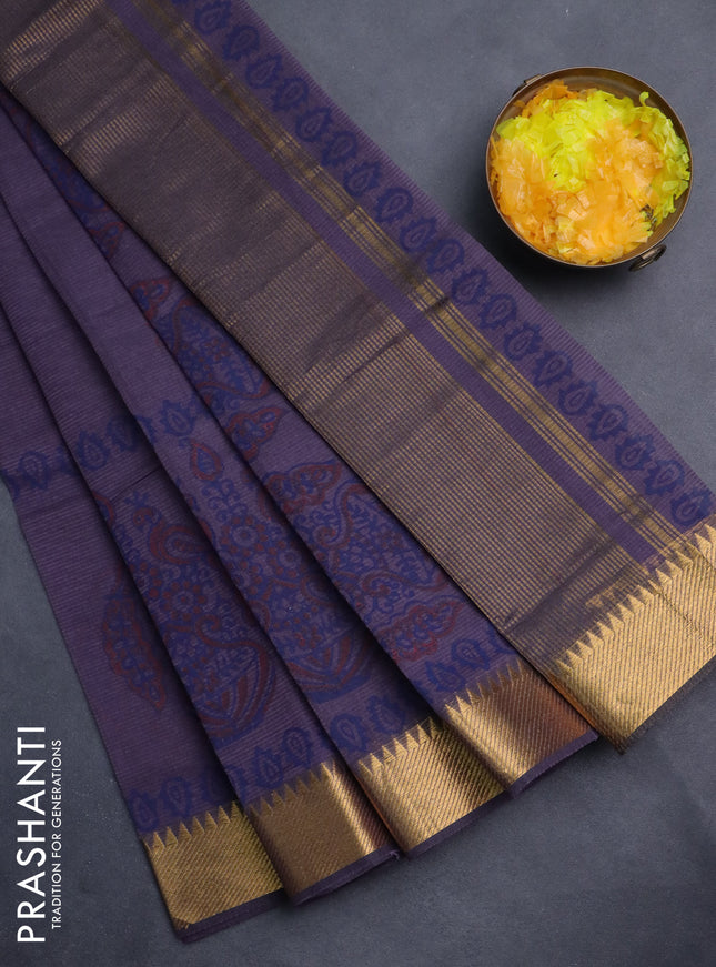 Mangalgiri cotton block printed saree wine shade with butta prints and zari woven border