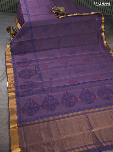Mangalgiri cotton block printed saree wine shade with butta prints and zari woven border