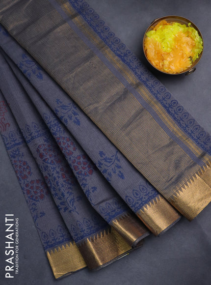 Mangalgiri cotton block printed saree grey with butta prints and zari woven border