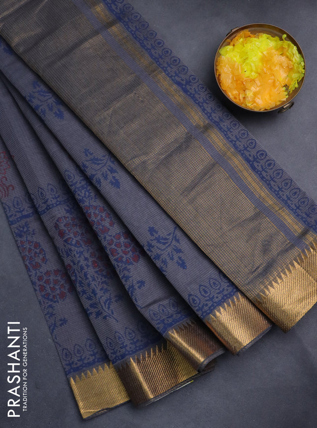 Mangalgiri cotton block printed saree grey with butta prints and zari woven border