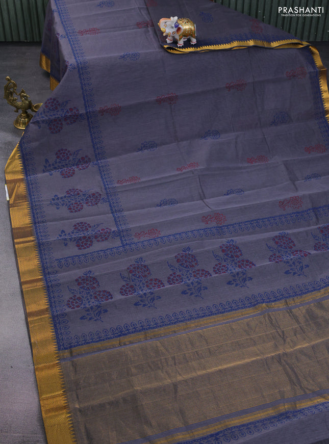 Mangalgiri cotton block printed saree grey with butta prints and zari woven border