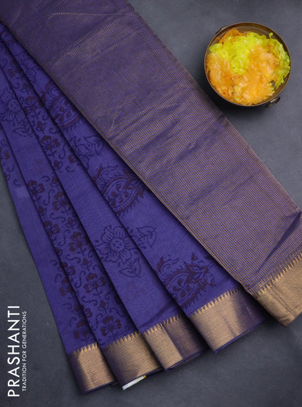 Mangalgiri cotton block printed saree violet with allover butta prints and zari woven border