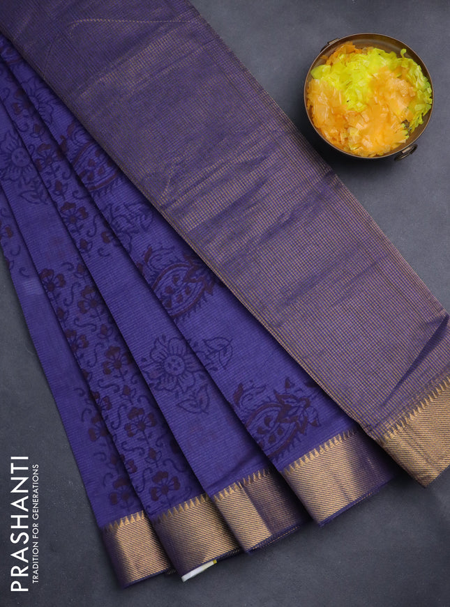Mangalgiri cotton block printed saree violet with allover butta prints and zari woven border