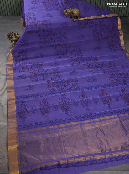 Mangalgiri cotton block printed saree violet with allover butta prints and zari woven border