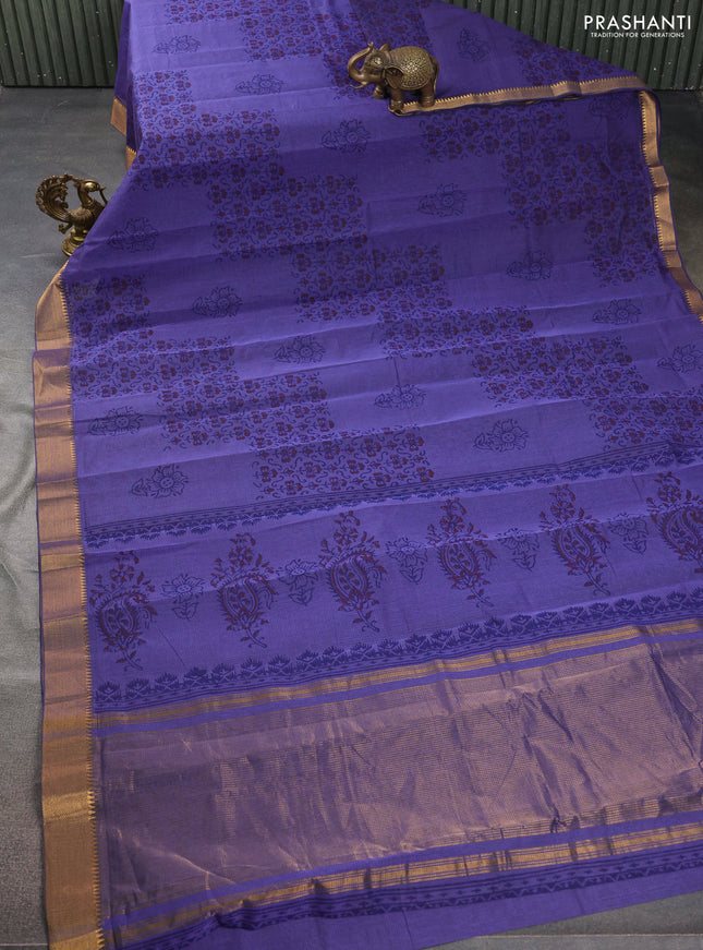 Mangalgiri cotton block printed saree violet with allover butta prints and zari woven border