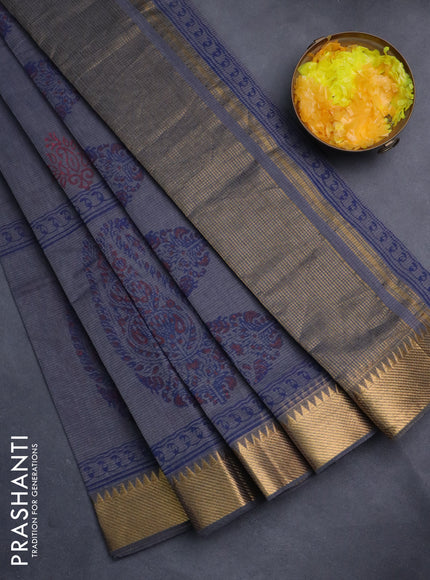 Mangalgiri cotton block printed saree grey with butta prints and zari woven border