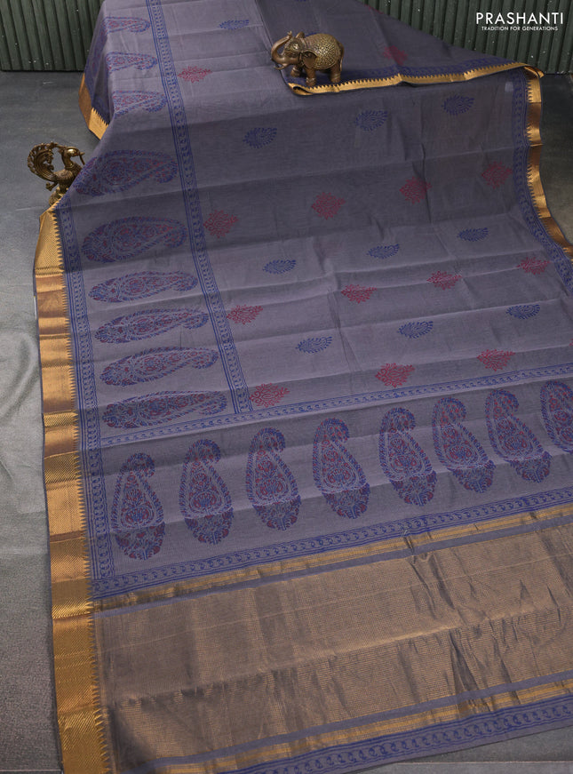 Mangalgiri cotton block printed saree grey with butta prints and zari woven border