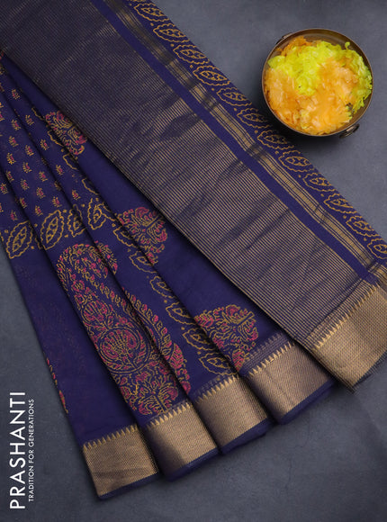 Mangalgiri cotton block printed saree dark blue with allover butta prints and zari woven border