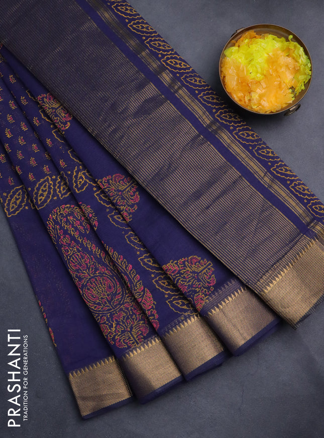 Mangalgiri cotton block printed saree dark blue with allover butta prints and zari woven border