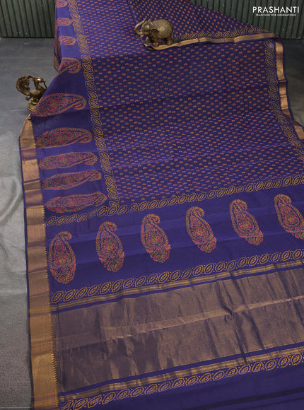 Mangalgiri cotton block printed saree dark blue with allover butta prints and zari woven border