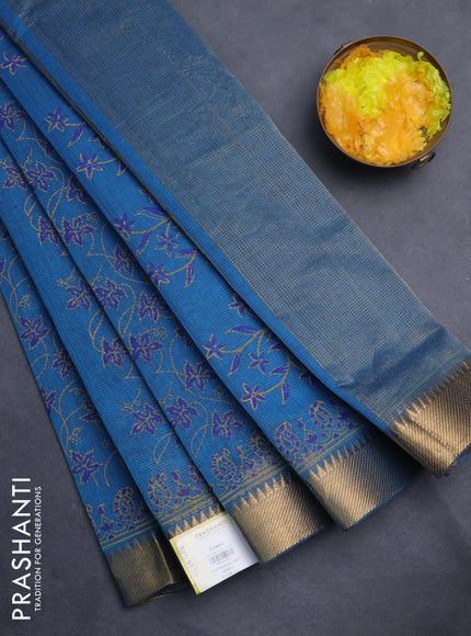 Mangalgiri cotton block printed saree cs blue with allover prints and zari woven border
