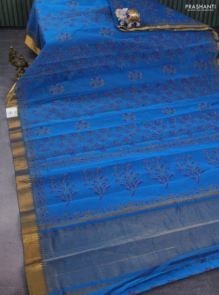 Mangalgiri cotton block printed saree cs blue with allover prints and zari woven border
