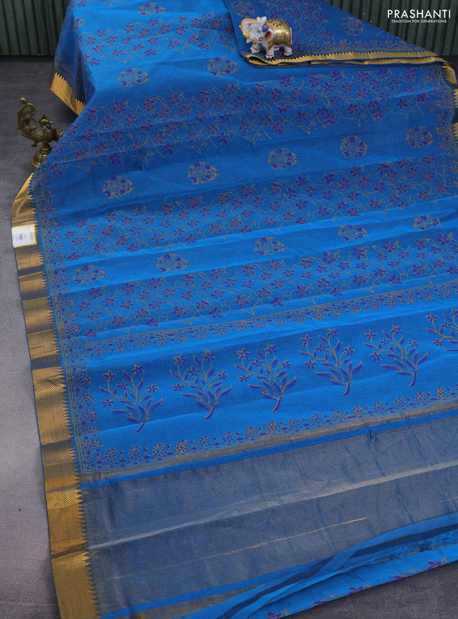 Mangalgiri cotton block printed saree cs blue with allover prints and zari woven border
