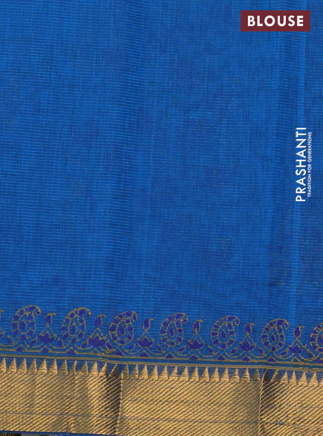 Mangalgiri cotton block printed saree cs blue with allover prints and zari woven border