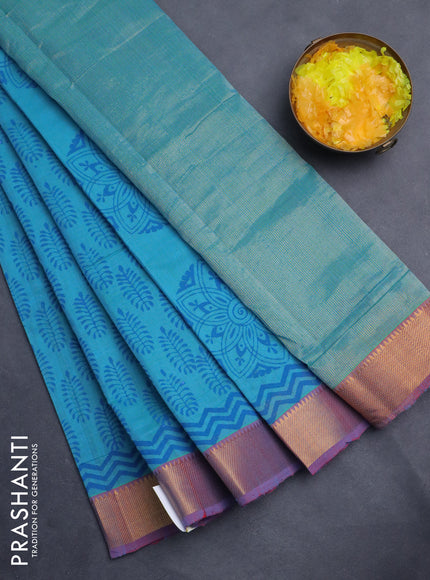 Mangalgiri cotton block printed saree teal blue and maroon with allover butta prints and zari woven border