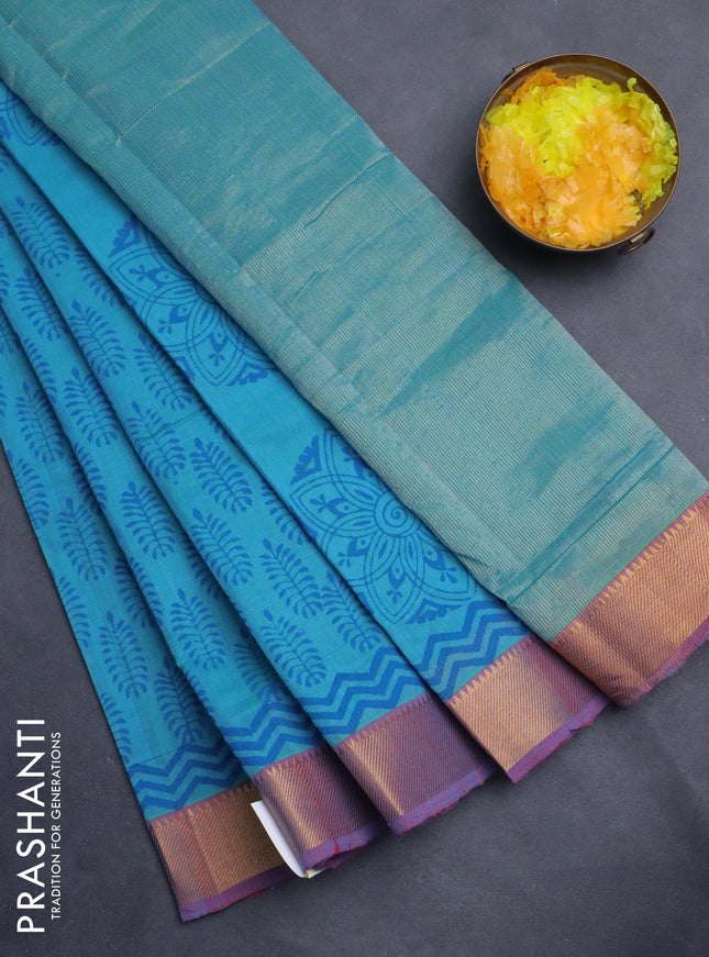 Mangalgiri cotton block printed saree teal blue and maroon with allover butta prints and zari woven border
