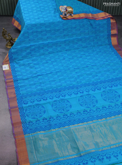 Mangalgiri cotton block printed saree teal blue and maroon with allover butta prints and zari woven border