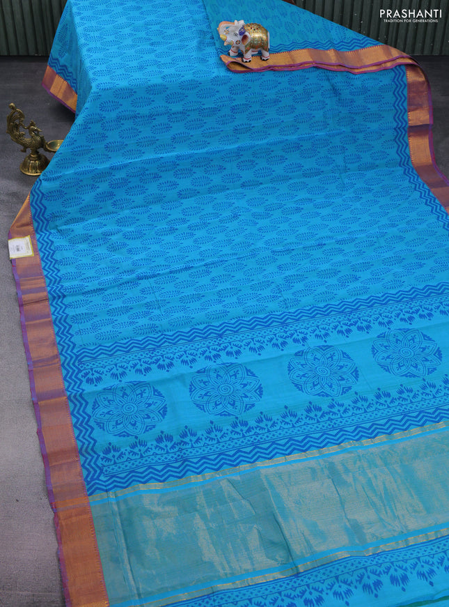 Mangalgiri cotton block printed saree teal blue and maroon with allover butta prints and zari woven border