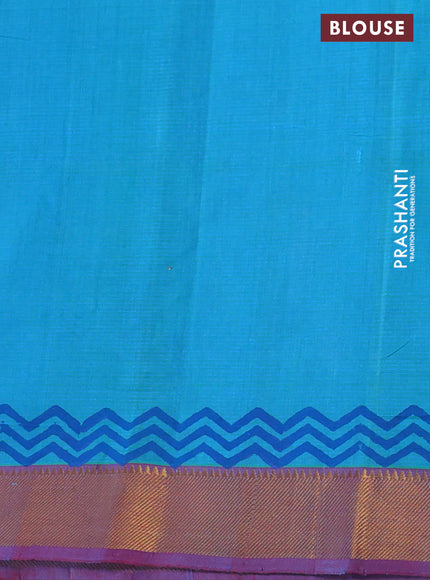Mangalgiri cotton block printed saree teal blue and maroon with allover butta prints and zari woven border