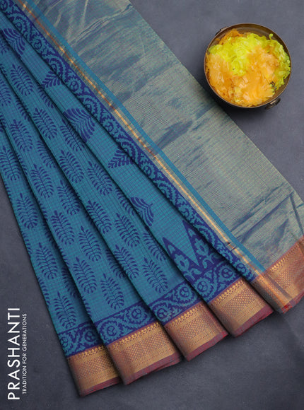 Mangalgiri cotton block printed saree teal gren and maroon with allover butta prints and zari woven border