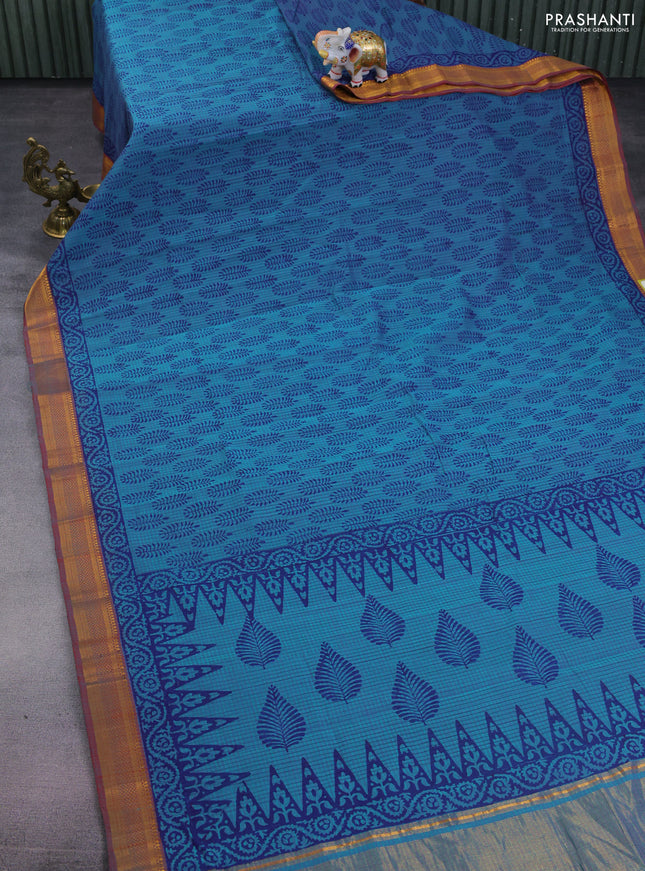 Mangalgiri cotton block printed saree teal gren and maroon with allover butta prints and zari woven border