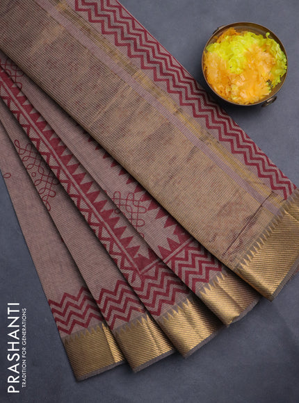 Mangalgiri cotton block printed saree pastel brown with butta prints and zari woven border